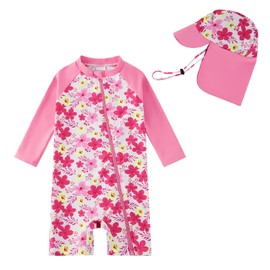 Baby Girls One Piece Swimwear with UPF 50+ & Sun Hat Recyclable Toddler Full Zipper Swimsuit Infant Sunsuit (Rose Flower, 9-12 Months)