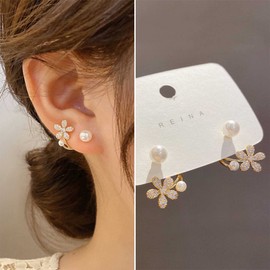 Allereyae Vintage Pearl Flower Ear Jacket Earrings Crystal Flower Ear Climber Earrings Rhinestone Pearl Stud Earrings Front Back Wrap Earrings Jewelry for Women and Girls