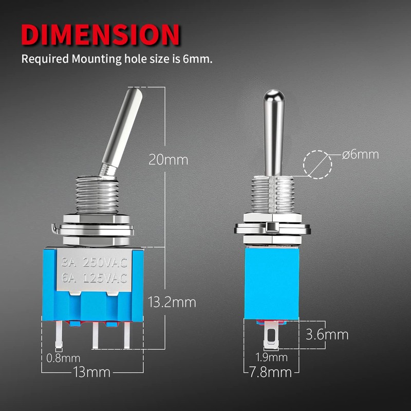 Gebildet MTS-103 Blue Mini Toggle Switch 125 VAC 6 A,