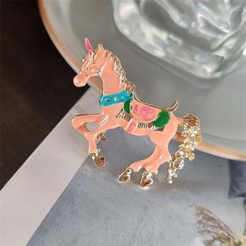 Elegant Horse Pink Enamel Statement Brooch Pin for Women Girls Men Funny Creative Crystal Chinese Zodiac Running Pony Animal Lapel Scarf Pins Brooches Suit Coat Clothes Badges Corsage Decoration Jewelry Gifts