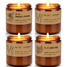 Large 9 oz Scented Candle Gift Set, 10% Essential Oils Soy Wax Candles in Vintage Amber Jars, Aromatherapy 4-Pack – Sandalwood Rose, Lavender – Luxury Holiday Gifts for Women, Organic Soy Wax