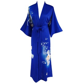 Ledamon Women's Kimono Long Robe - Classic Floral Bathrobe Nightdress, sapphire blue