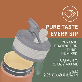 Asobu 20oz Ceramic Lined Insulated Water Bottle for Hot and Cold Drinks with 2-in-1 lid - Durable Travel Bottle with Leak-Proof Lid, Double-Wall Stainless Steel, Keeps Flavors True