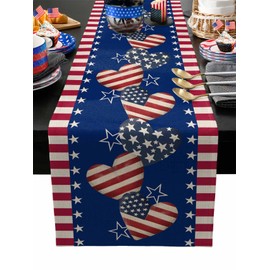4th of July Table Runner 13x72 Inches Long Patriotic Love Table Runners Cotton Linen Heart Red Blue Star Stripes Independence Day Dresser Scarf Kitchen Dinner Table Decor for Memorial Day Party