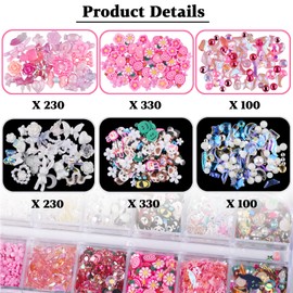 Kikonoke 1400 Pieces 3D Butterfly Rose Flower Bow Rabbit Bear Nail Charms Kit with Nail Art Rhinestones Pearls Crystal Gems Nail Slices for Manicure DIY Crafts Jewelry Accessories (Pink White)