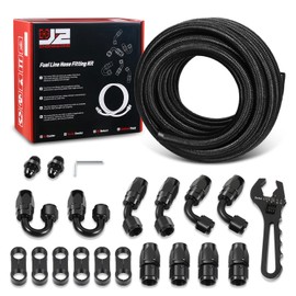 J2 Engineering AN 25FT 0.44" ID Nylon Braided CPE Fuel Line with Swivel Hose End Fitting Adapter Kit, Black, J2-FLS-CPE-08-BK