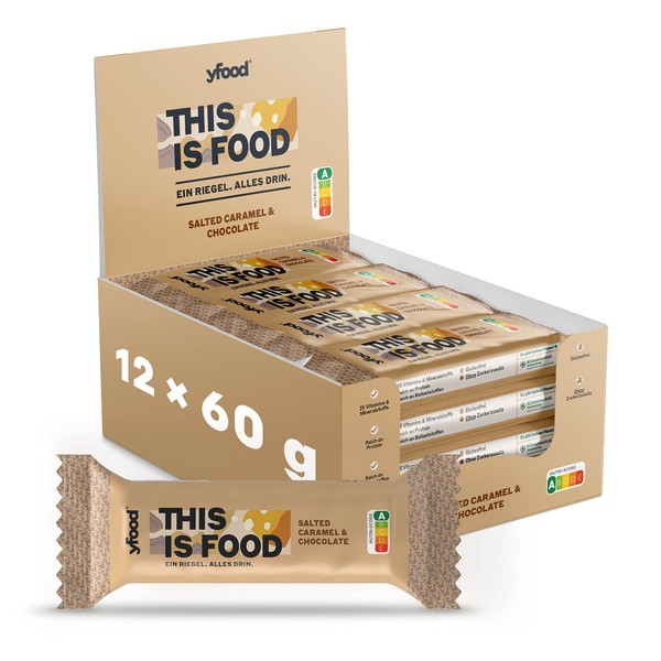 yfood Salted Caramel & Chocolate Bar, Delicious Protein Bar for Travel, This Is Food, 14 g Protein, 25 Vitamins and Minerals, 12 x 60 g, Chocolate and Caramel Flavour