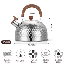 Tea Kettle, Food Grade Stainless Steel with Wood Pattern Folding Handle, Whistling Kettle for Induction, Gas, and Electric Stovetops (2 liters)