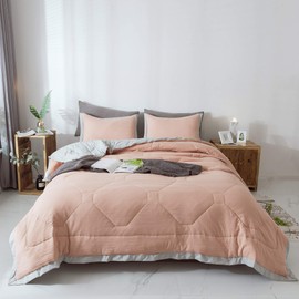 KASENTEX Quilted Comforter Set with Stylish Ruffled Edge Trim Nostalgic Design, Microfiber Soft Warm Bedding with Shams (Peach Rose, Queen + 2 Standard Shams)