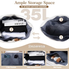 Reiseresa Beach Bag with Hat Holder Strap, Large Beach Bag with Zipper, Beach Tote Bag for Women, Woven Beige