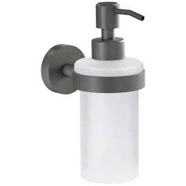 tesa® MOON GREY Seifenspender, matt grau, Pumpspender aus satiniertem Glas, 200 ml - für Bäder im Industrial Style und moderne Badezimmer - bohrfrei, inkl. Klebelösung - 171 mm x 70 mm x 119 mm