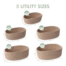 Woven Fabric Storage Baskets - 5 Pack Small to Large Graduated Size Set Soft Rope Shelving Organizers Boho Home Containers for Warm Relaxed Cozy Room Decoration (Flax Brown)