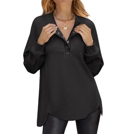 ANRABESS Women's Sweatshirt Long Sleeve Tunic Henley Tops Loose Slit Casual Button Shirts Pullover 2025 Fall Winter Outfits Black X-Large
