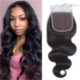 Closure Human Hair 4X4 Body Wave 12 Inch Transparent Lace Frontal Closure Brazilian Straight Human Hair Natural Black Hair Color Hand Tied Swisspre Plucked With Baby Hair Front Only
