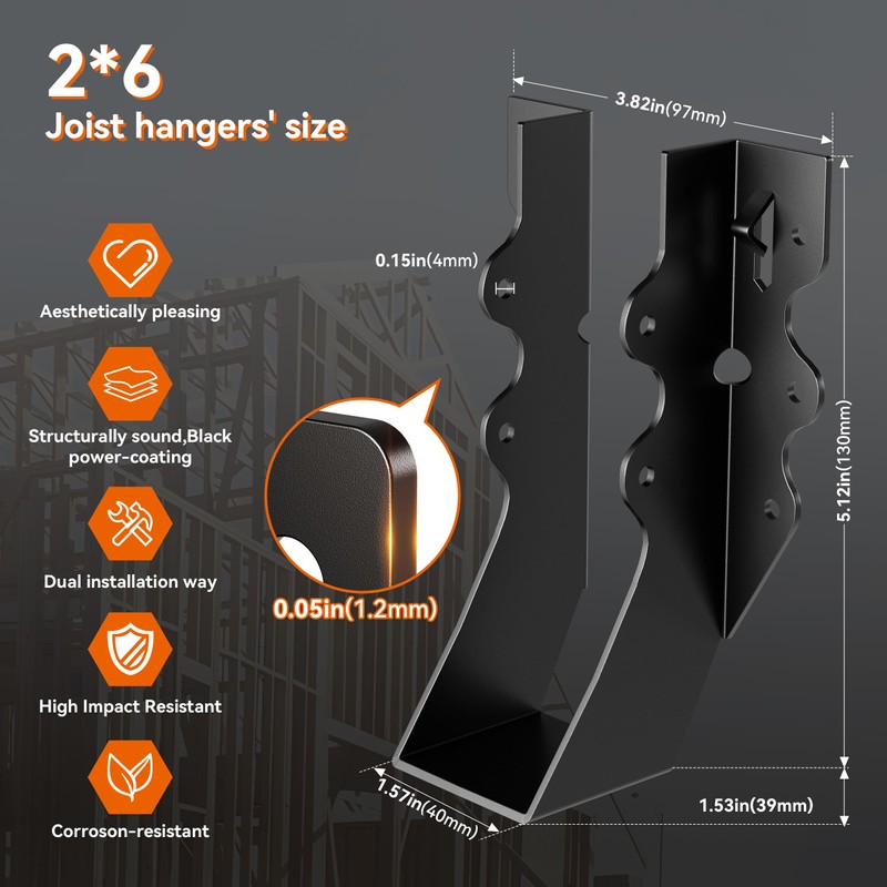 25 Pcs Black 2x6 Joist Hangers for Wood, Rafter Brackets,