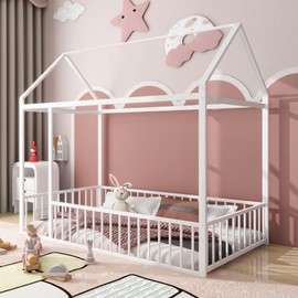 HZANHY Twin House Bed for Kids, Montessori Floor Bed with Rails, Metal Floor Bed Frame for Boys Girls Toddlers, Playhouse Bed with Roof, Twin Kids Bed Floor Bed with Post Foot Pads for Teen
