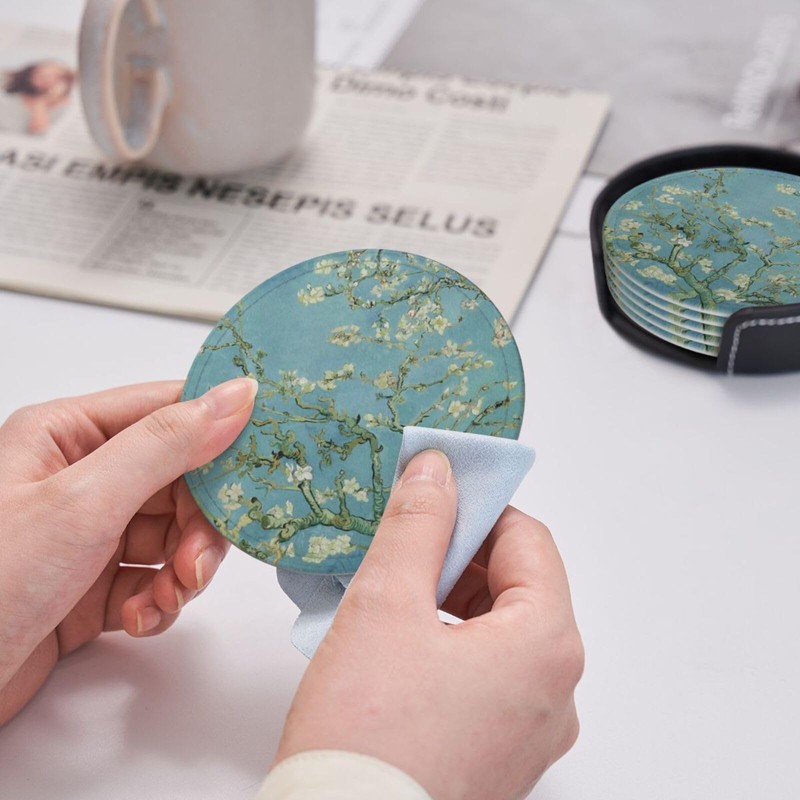 6 Pcs Van Gogh Almond Blossom Drink Coasters with Holder