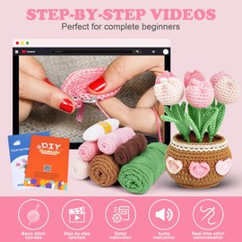 AUAUY Beginner Crochet Kit, Crochet Tulip Kit for Beginners, Yarn, Stuffing, Crochet Hook for Kids and Adults, Crochet Kit with Step-by-Step Video Tutorials, Boys and Girls Birthdays Gift