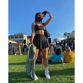 OQQ Women 2 Piece Skirts 2 in 1 Flowy Basic Versatile Stretchy Flared Casual Mini Skirts Black Beige