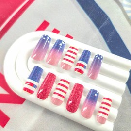 4th of July Press on Nails Medium Length Square Fake Nails with Stripe Designs Blue Gradient Nails Press ons Glossy Glue on Nails White False Nails Red Acrylic Nails Stick on Nails for Women 24Pcs