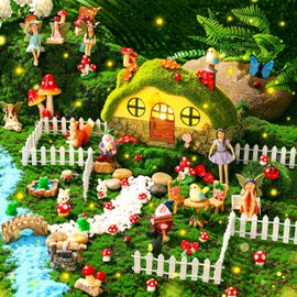 Suzile 50 Pcs Solar Fairy House Garden Accessories Light up Flocked Fairy House Garden Kit Green Resin Miniature Mushroom Figures Micro Landscape Ornament(Stone House)