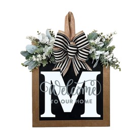 Last Name Year Round Front Door Wreath with Bow, 26 Letter Farmhouse Wreath with Eucalyptus Wreath & Bow, 16" Last Name Welcome Sign for Front Door Porch All Seasons Hanger Home Decor (M)