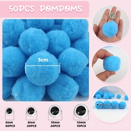 TOAOB 50pcs Large Pom Poms 2 Inch Blue Craft Pom Poms Fuzzy Pompoms Balls with Googly Wiggle Eyes for DIY Crafts Projects Home Decorations