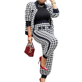 SOMTHRON Women’s Houndstooth Print 2 Piece Outfit Zip Up Long Sleeve Jacket Long Pants Set Work Suits Tracksuit, Black, Large