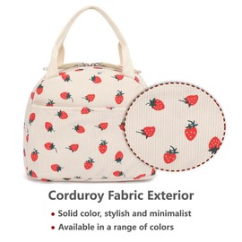 Lunch Bag for Women Men Reusable Insulated Lunch Tote Bag Leakproof Foldable Lunch Box for Picnic Work Travel Food Storage Bag Girls Boys Cute Corduroy Lunch Cooler (Beige Strawberry)