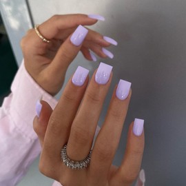 KQueenest Light Purple Square Press on Nails Short, Gel Glue on Nails Press on, Soft Short Fake Nails Set, Pure Stick on Nails for Women, Lilac Acrylic Nails Set for Daily Manicure, 24 Pcs