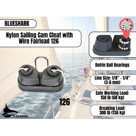 Blue Shark: Nylon Sailing Cam Cleat with Wire Fairlead 126 | for Line Sizes 1/8" in - 1/4" in (3-6 mm) | 150 lb Safe Working Load 300 lb Breaking Load | Premium Quality (1-Pack)