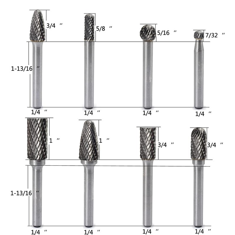 Carbide Burr Set 8pcs 1/4 Inch Shank Diameter Double Cut