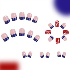 4th of July Press on Nails Short Square Red Fake Nails USA Independence Day Design Glue on Nails Blue French Tip Acrylic Nails Artificial False Nails 24 Pcs