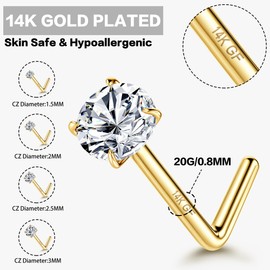 Jstyle 4 Pcs 14K Gold Filled Nose Studs 20G Stainless Steel Stud Nose Ring 1.5-3mm Round CZ Simulated Diamond L Bend Nose Stud Hypoallergenic Nose Piercing