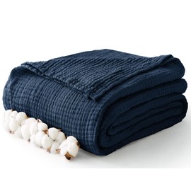 100% Cotton Muslin Blanket Large 50" x 70", 6 Layers Breathable and Lightweight Navy Throw Blanket for Couch, Soft Quilt Bedspread, Gauze Blanket for Adults All Season, Navy, Dark Blue