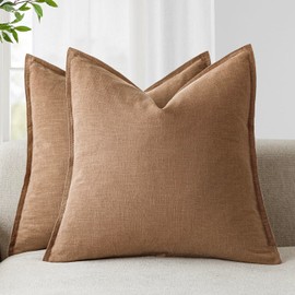 Foindtower Pack of 2, Decorative Linen Soild Throw Pillow Covers Soft Accent Cushion Case Boho Farmhouse Pillowcase for Chair Couch Sofa Bedroom Living Room Home Decor 18 x 18 Inch Light Khaki Brown