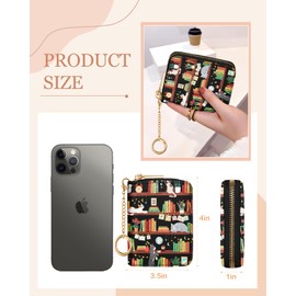 Hautebella Credit Card Holder for Women Cute Small for Ladies Teen Girls Female RFID Leather Cardholder Wallets with Keychain Accordion Organizer Purse Bookshelf Girly Aesthetic Print Unique Zipper