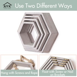 Dual Purpose Floating or Hanging Hexagon Shelves - Washed White Set of 4 Hexagon Shelves for Wall - Farmhouse Floating Shelves for Wall - Honeycomb Shelves - Rope Hanging Shelves - Hexagon Wall Decor