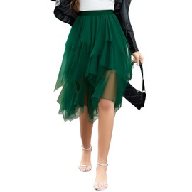 Wikoan Women's Tulle Skirt Multilayer Mesh Pleated Ladies Skirts Stylish Midi Skirts Irregular A-line Prom Party Skirt Dark Green,S