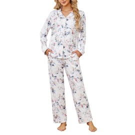 LYCY Womens Pajama Sets Floral Print, Long Sleeve Button Down Pajamas Set for Women Soft Sleepwear Pjs 2 Piece Loungewear(White Floral,L)