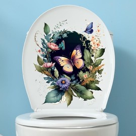 Bonfage Dark Butterfly Leaves Toilet Cover Sticker Decals,Fish Bird Flower Leaf Waterproof Toilet Lid Tank Seat Decals Cistern Self-Adhesive Bathroom Wall Sticker, White