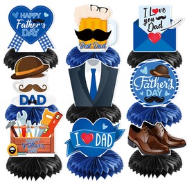 9 Pieces Father's Day Decorations Honeycomb Centerpiece Double Sided Printing Blue Table Centerpieces for Father's Family Birthday Party Decor, Happy Fathers Day Party Supplies