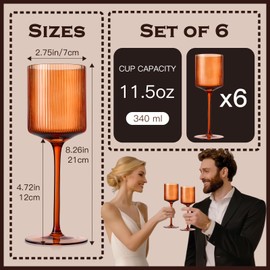 Vintacicle Maple Colored Square Wine Glasses Set of 6, Elegant Ribbed Design Amber Crystal Glassware with Long Stem, 11.5oz Hand Blown Stemware For Red & White Wine Home Bar Party