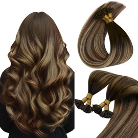 Sunny Hair U Tip Hair Extensions Human Hair Dark Brown Balayage Caramel Blonde with Highlight Keratin Hair Extensions Brown U Tip Fusion Hair Extensions 50G Utips Hair Extensions for Women 20inch