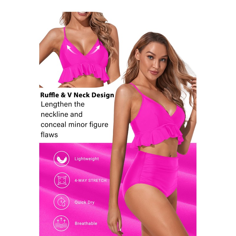 Tempt Me Dark Pink Ruffle Bikini Set High Waisted Two