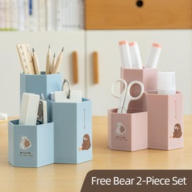 TNDCKP Plastic Desk Pen Organizer with 3 Slots, Dual-Purpose Art Supply Pencil Cup/Cute Pencil Holder for Office, School, Home (blue/pink)