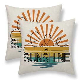 Summer Pillow Covers 20x20 Set of 2, Hello Sunshine Throw Pillow Covers Sun and Sea Farmhouse Outdoor Decorations Cushion Case Linen Square Decor for Home Couch Sofa