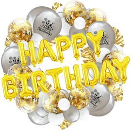 Birthday Party Decorations, 64pcs Silver Gold Balloons with 3D FoilHappy Birthday Banner, Gold Leaves and Confetti Metallic Balloons for Kids Boys Men Women Adults Ecofriendly Party Supplies