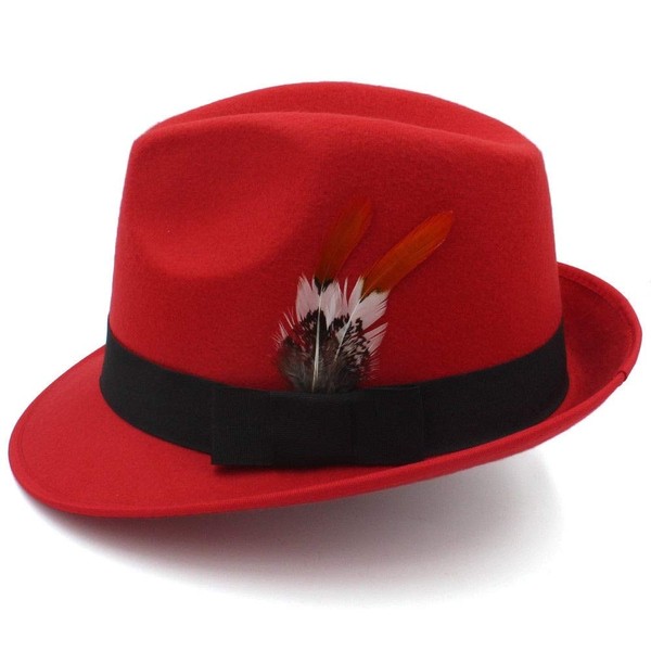 Jdon-hats, Fedora Hat, Men's Jazz Hat, Knight Wool Hat England Cap Autumn and Winter Casual Hat Feather, (Color : Red, Size : 56-58cm)