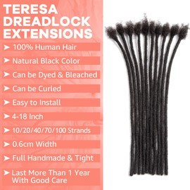 Teresa 14 Inch 0.6cm Width Loc Extension Human Hair Natural Black 40 Strands Full Hand-made Permanent Locs Extensions Can Be Dyed and Bleached for Men/Women/Kids Real Dreadlock Extensions Human Hair